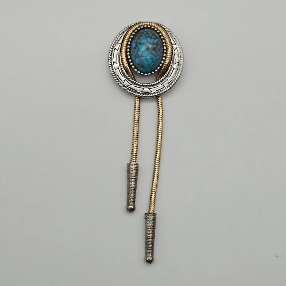 Vintage Bolo Tie Brooch Pin Gold Silver Tone Faux Turquoise Cabochon Southwester